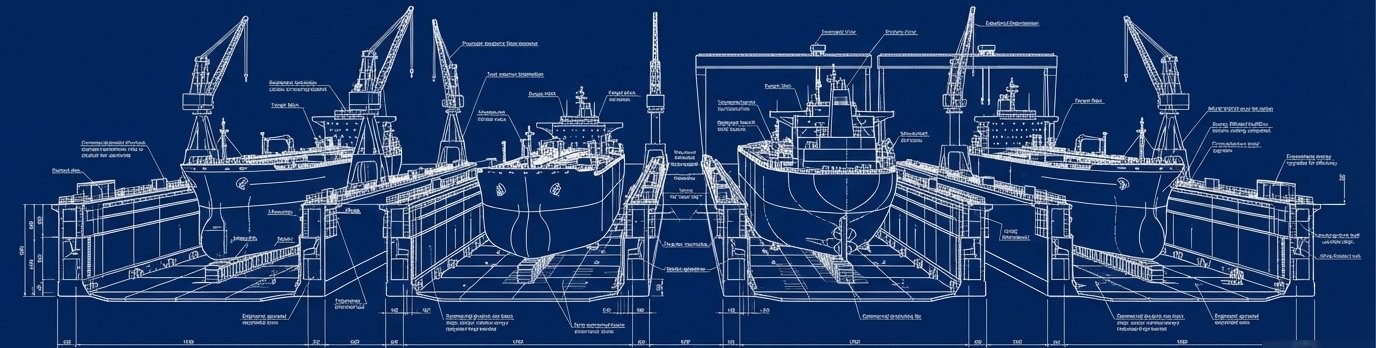 Blueprint drawing of vessels in dry-dock with gantry cranes